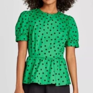 Who What Wear Green Blouse with Navy Dots